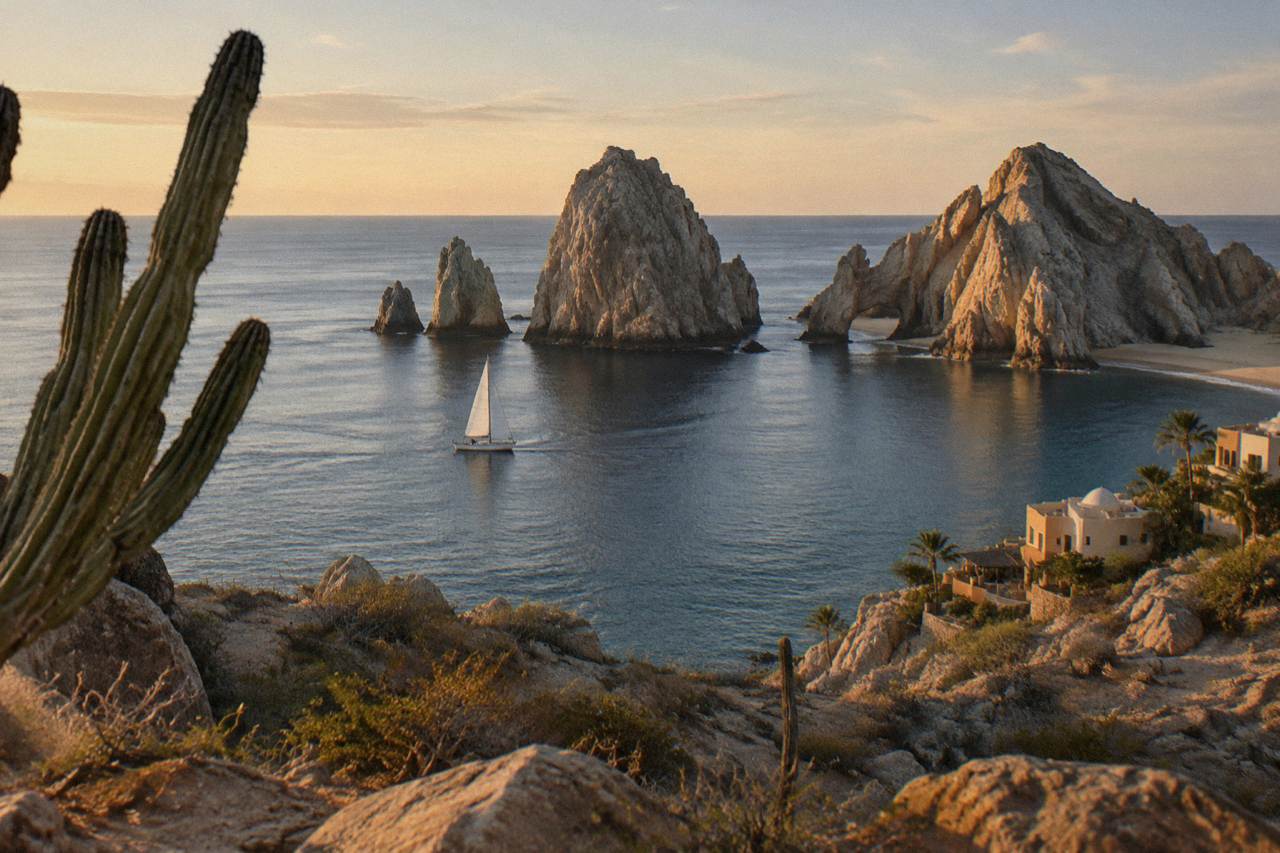 A sailboat under warm light near rock formations at the end of a Cabo San Lucas bay