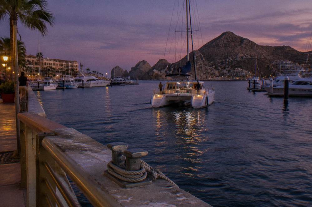 A catamaran under sail returning to a marina under a deepening violet twilight sky