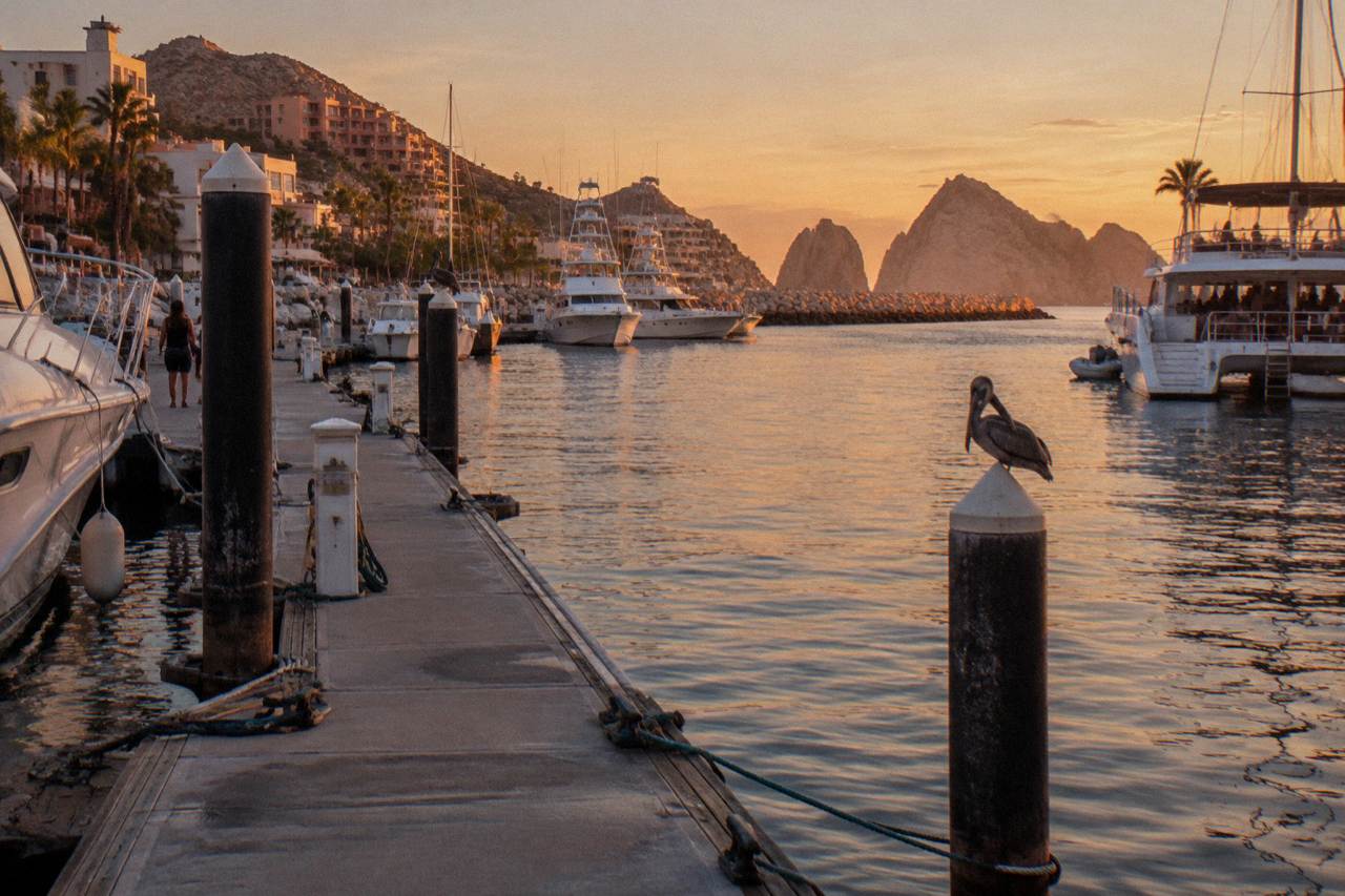 Evening light over boats docked at a marina with a rocky point in the distance