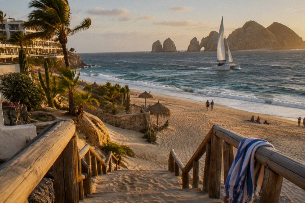 A catamaran under sail on golden evening water near Cabo San Lucas
