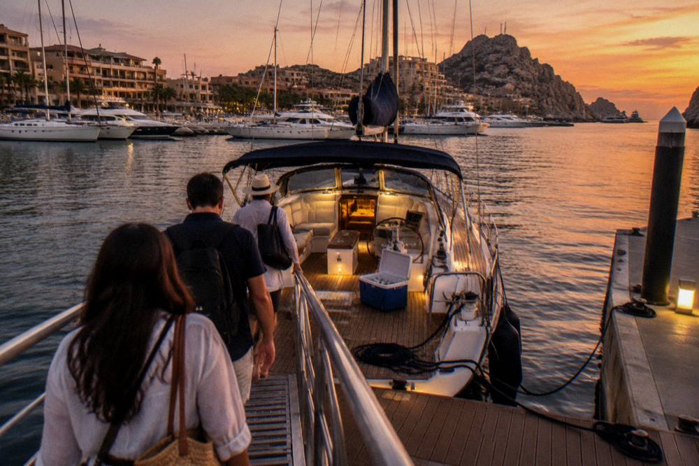 Passengers boarding a sailing yacht at a marina dock as the sky turns orange behind the boats