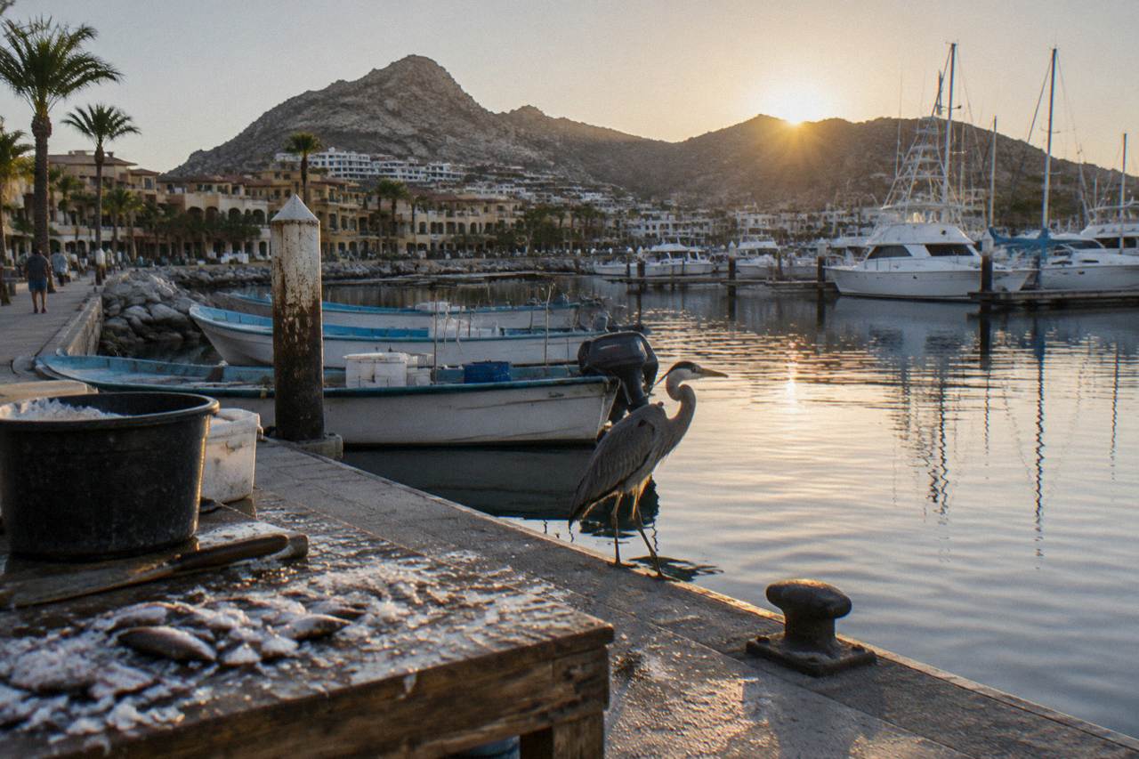 Fishing boats and yachts moored along the calm water of a marina at golden hour with hills behind