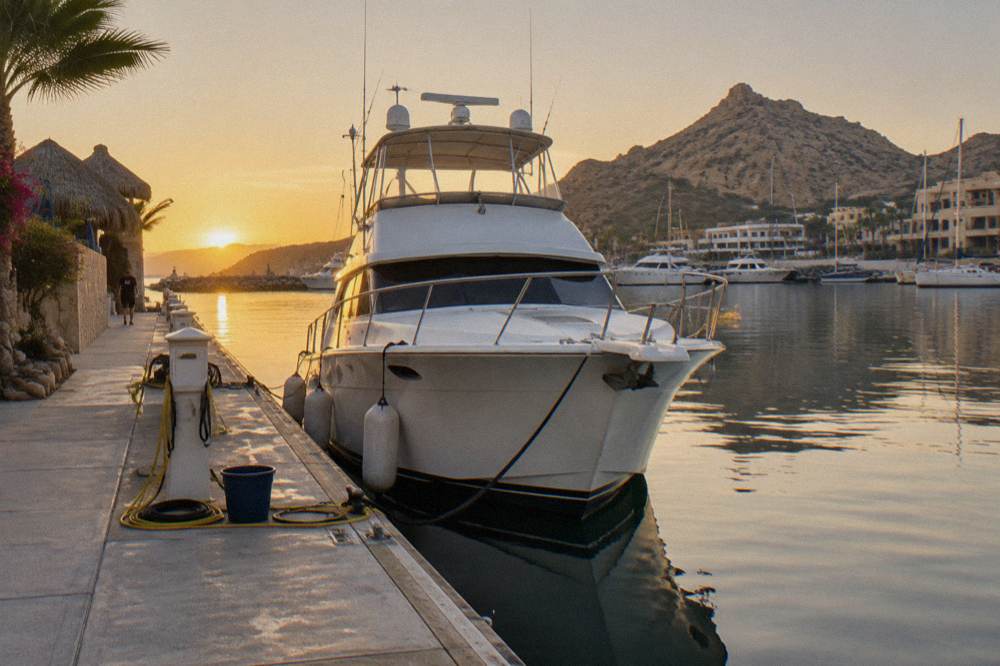 Yacht moored at a marina dock with calm morning water and hills behind Cabo San Lucas