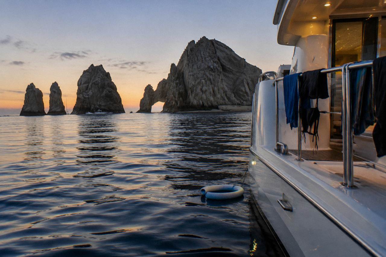 Private yacht anchored in calm water near rock formations at dusk in Cabo San Lucas