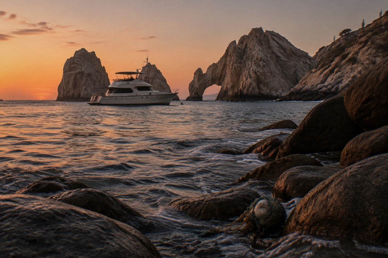 Private yacht at anchor off Cabo San Lucas with the Arch and orange evening sky behind it