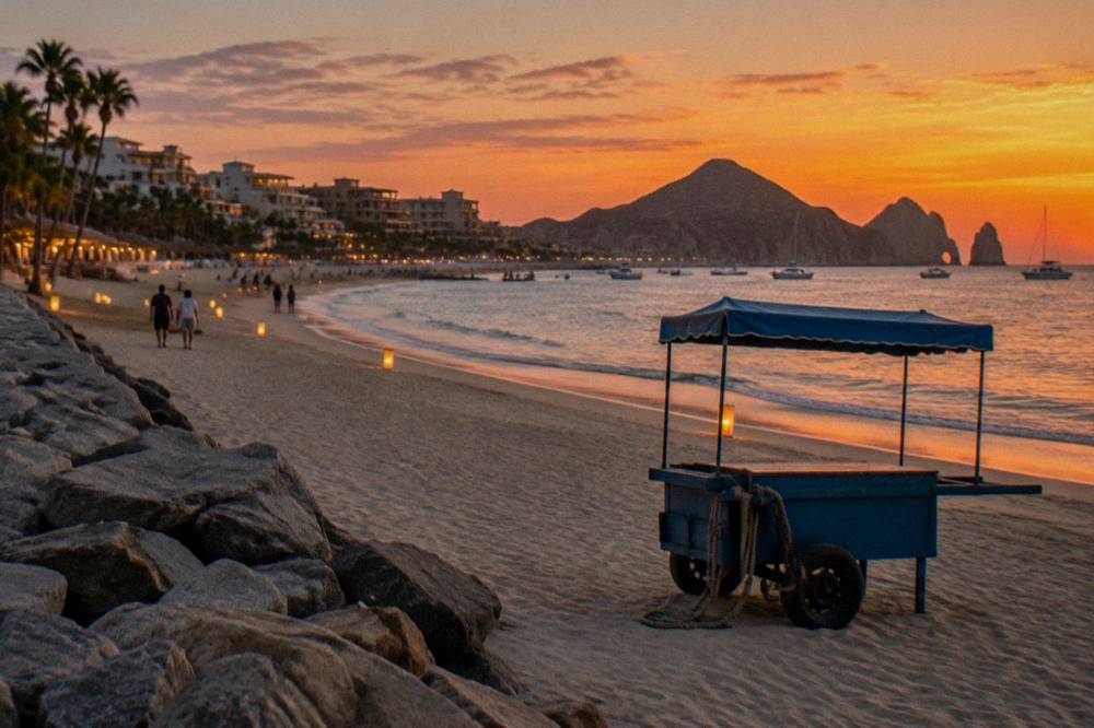 A wide beach at dusk with scattered lights and a deep orange horizon over the water