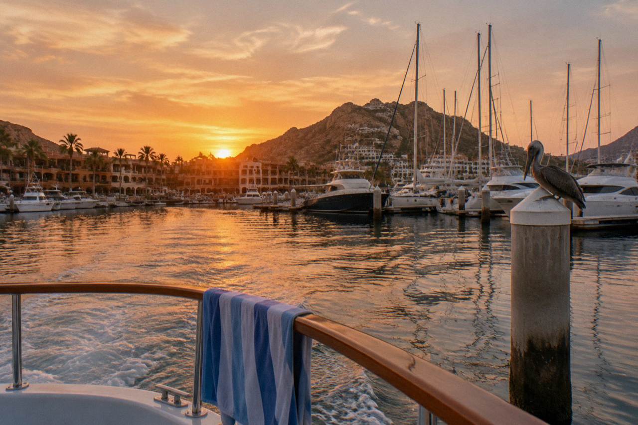 A dinner cruise boat departing the Cabo San Lucas marina at dusk with warm sky over masts