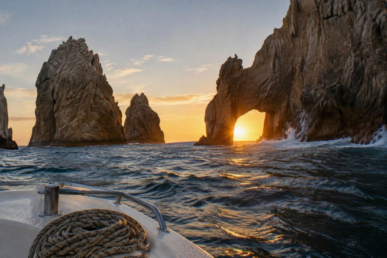 Sunset over rock formations at the end of the Cabo San Lucas peninsula seen from open water