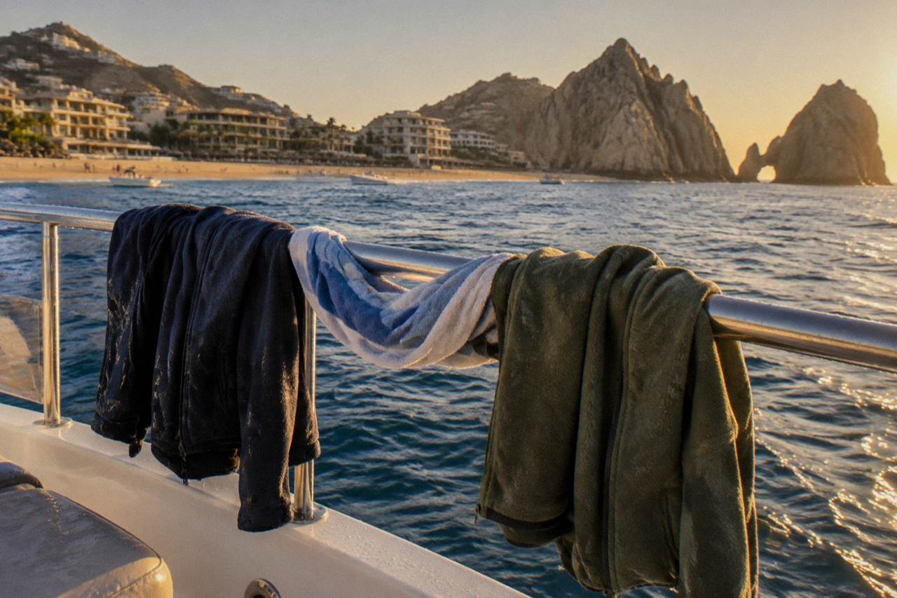 A quiet boat deck at golden hour with jackets draped over a railing and the Cabo San Lucas coastline in the distance